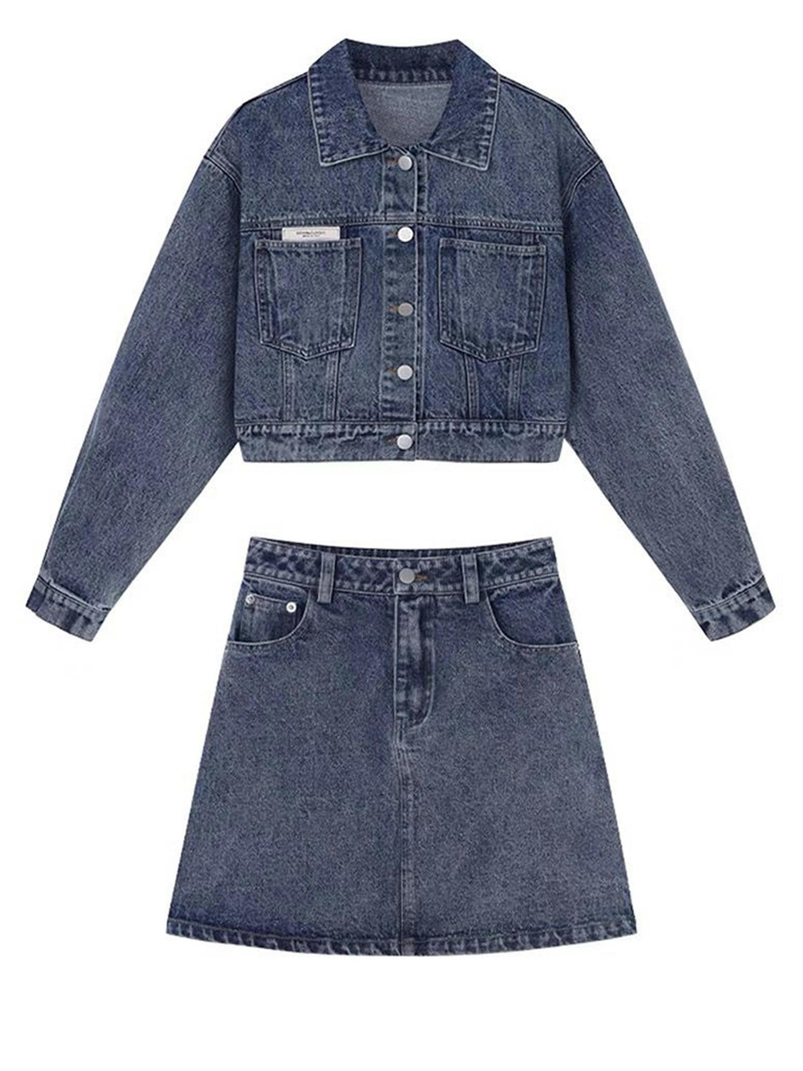 Streetwear Jeansrock 2-teiliges Set Frühling Sommer Stretch-Jeansjacke + Jeansröcke Zweiteilige A-Linien-Röcke mit hoher Taille-2-teilig-M