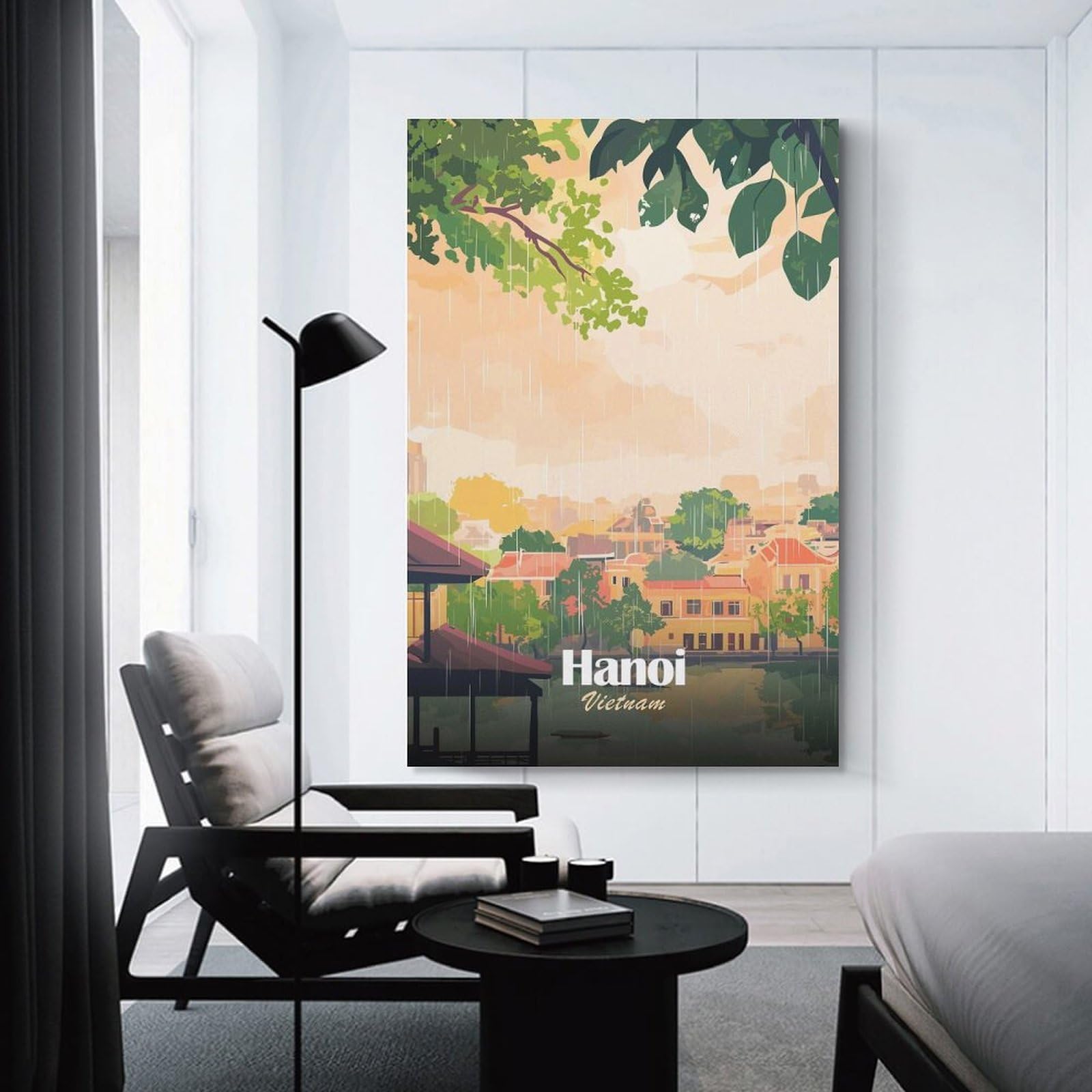 Junmoney Hanoi, Vietnam in The Rain Canvas Wall Art 20x30inch(50x75cm), for Study, Office Or Focused Interiors, Home Office Artwork with Decorative Appeal