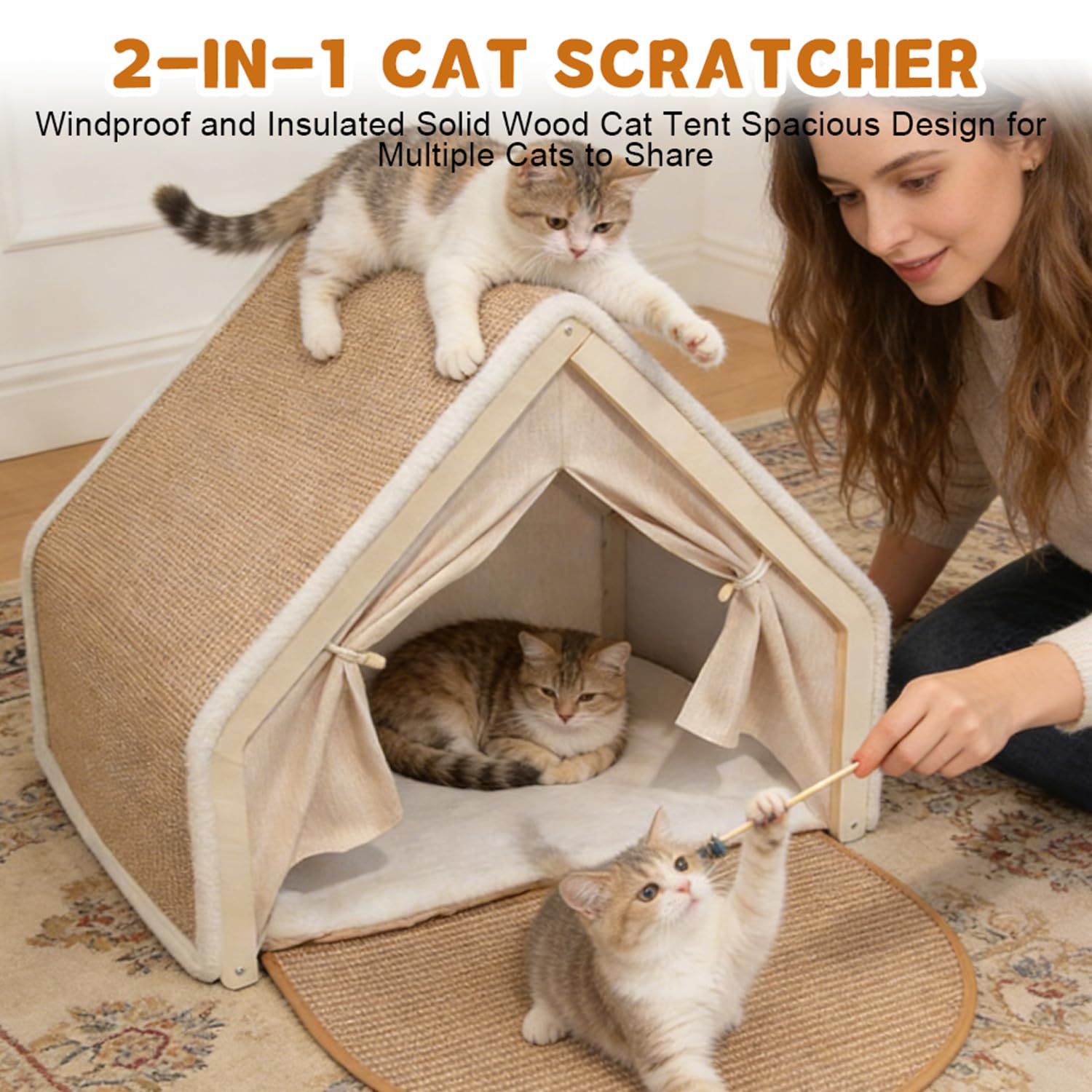 2-in-1 Katzenhaus mit Kratzbrett, Holz katzenzelt & Sisal Kratzfläche als Gemütliche Katzenhöhle für 2 Katzen, Atmungsaktiver Katzenhaus Indoor mit Sisal Kratzbrett 52 x 40 x 40 cm（Beige）