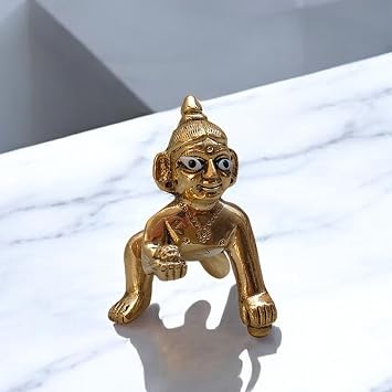 Brass Baby Krishna Statue 2 Inch | Laddu Gopal Idol Kanha Makhan Chor Murti | Handcrafted Brass Gopal Ji God Idol for Home Temple, Mandir, Altar & Pooja Decor | Hindu Spiritual Gift Figurine