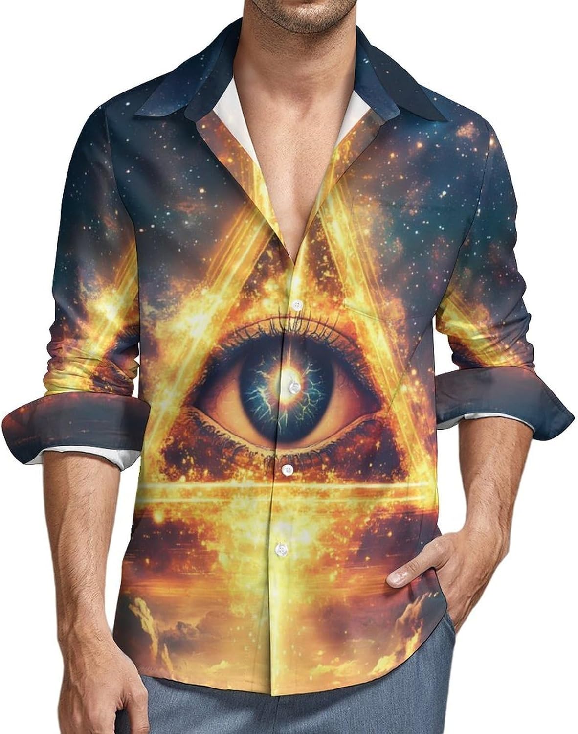 Psychedelic Egyptian Pyramid Third Eye Long Sleeve Shirts Casual Dress Shirt Button-down T-shirts for Men