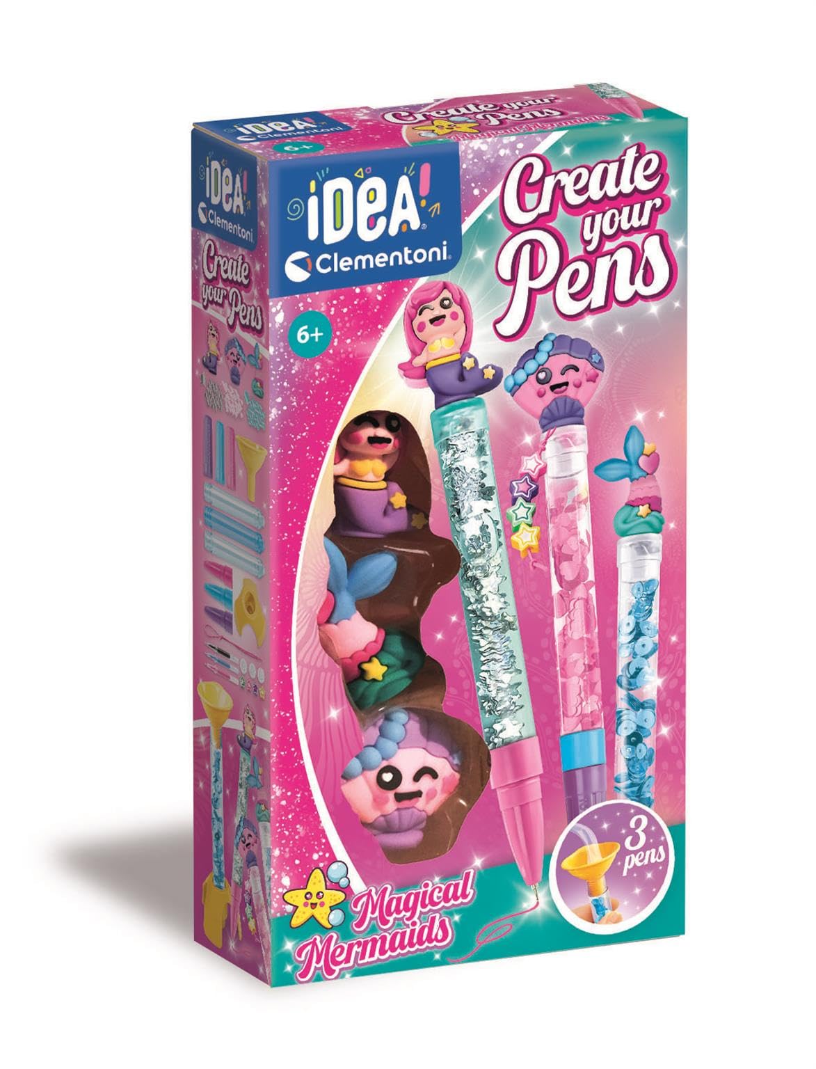 Clementoni Idea  Create Your Pens: Magical Mermaids, Custom Pen Laboratory, Creative Kit for Children 6+ Years, with 3 Pens Customizable with Inks and Accessories, 18131