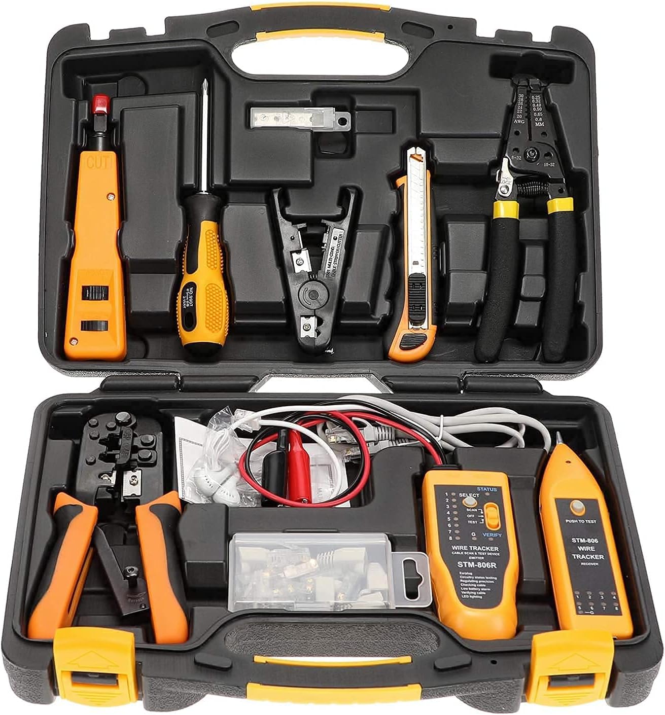 Network Repair Tool Kit 15 in 1 Electronic Tool Set | Crimping Tool, LAN/Ethernet/Cat5/Cat6 Cable Tester, Gauge Wire Stripper Cutting Twisting Tool, 10 Pack CAT6 UTP Booted 3ft BLACK