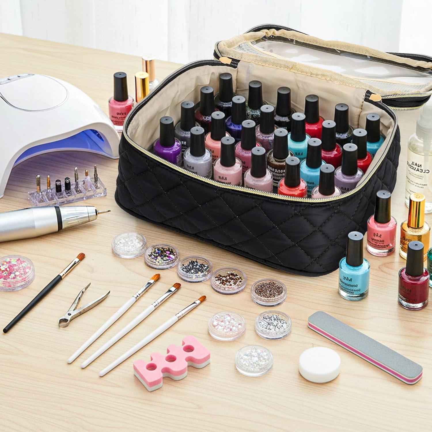 ZOOFOX Nail Polish Organizer Bag, 3 Layers Nail Kit Storage Carrying Case Holds 60 Bottles and Nail Lamp, Large Nail Polish Storage Bag with Detachable Design and Shoulder Strap for Manicure Tools