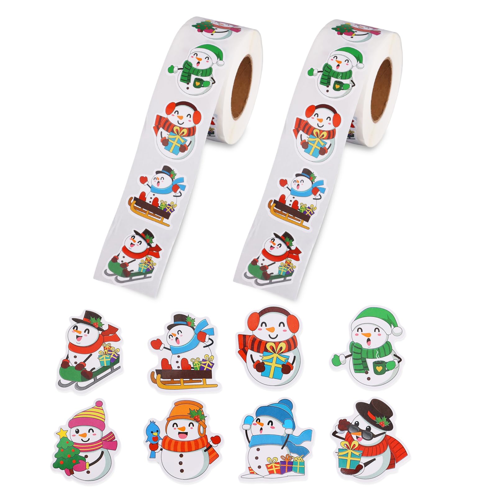 1000pcs Self-Adhesive Snowman Stickers, 2 Rolls 8 Assorted Designs Christmas Stickers Holiday Seal Labels for Envelopes Gifts Party Decorations Kids Crafts