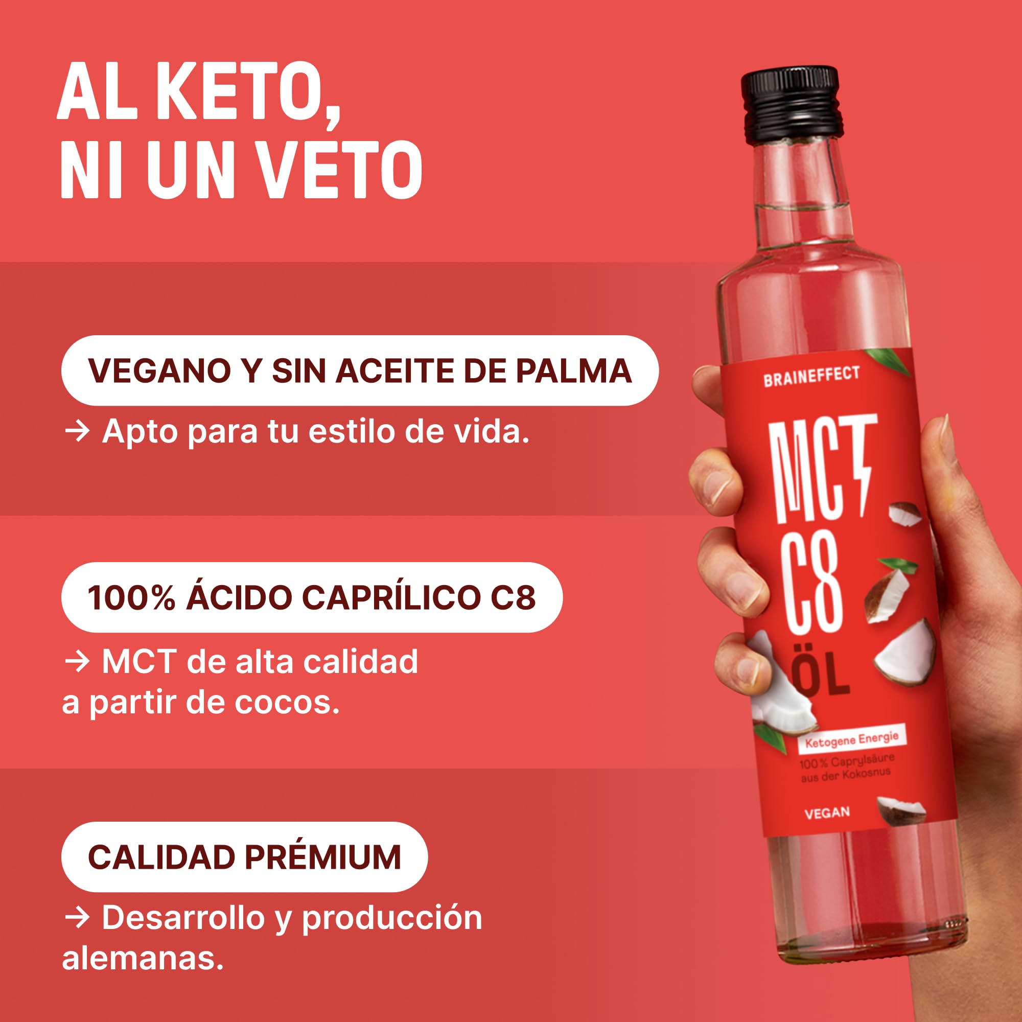 BRAINEFFECT Aceite MCT 100% C8 - Calidad alemana - Aceite C8 puro (sin C10) extracto de coco de primera calidad - 1000 ml - Botella metálica protectora