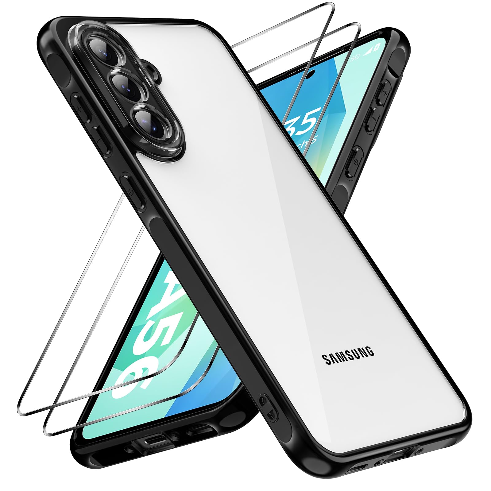 caslord Hülle für Samsung Galaxy A56 5G mit 2 Stück Panzer Schutz Glas, [Kameraschutz] [Stoßfest] Handyhülle, Schwarzer TPU-Rahmen + transparente Rückseite aus PC, Anti-Fingerabdruck -Schutzhülle