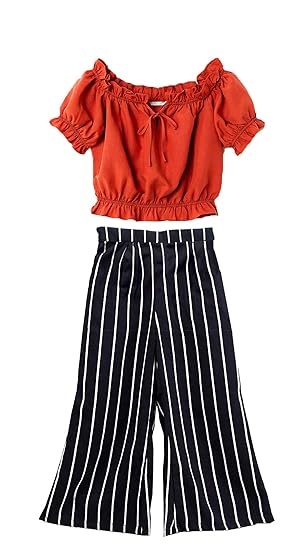 TEJASVI Girls Beautifully Designed Top with Regular Fit with Flair Maroon Top and Black Striped Palazz0