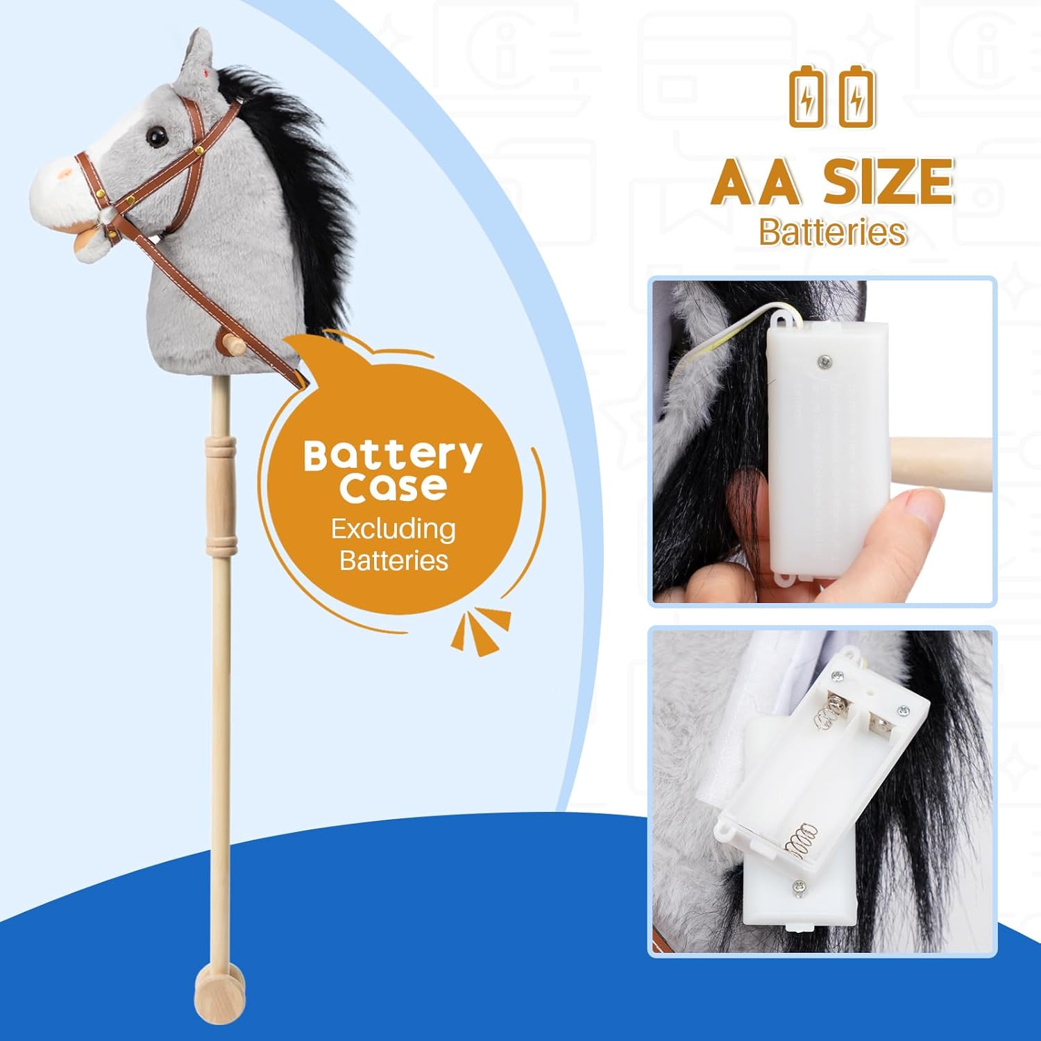 HollyHOME Stick Horse Plush Handcrafted Hobby Horse on a Stick with Wood Wheels Real Pony Neighing and Galloping Sounds for Kids Toddlers Grey 36 Inches(AA Batteries Required)
