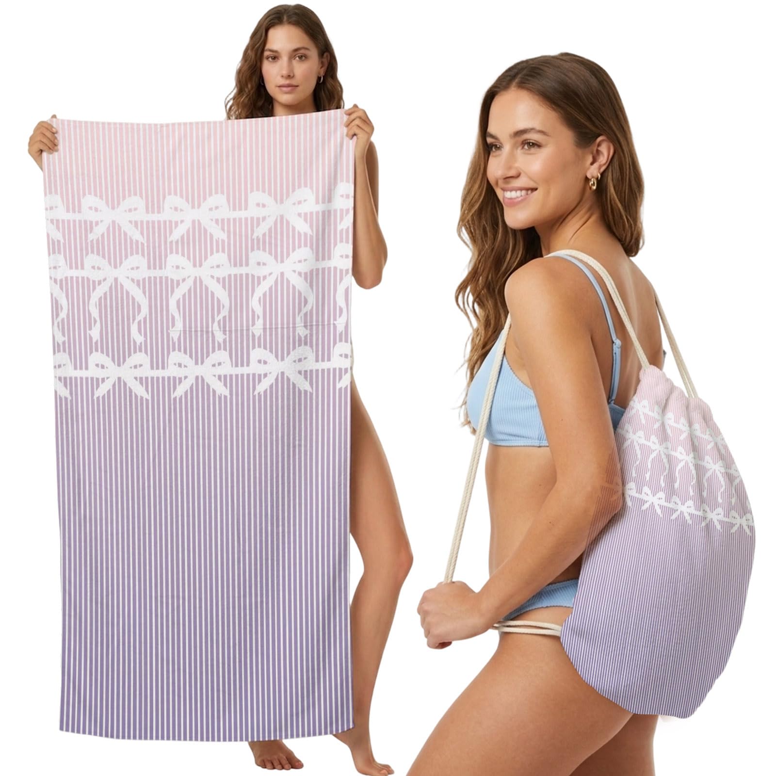 Beach Towel Bag 2 in 1 Ribbon Bows Bath Pool Towels Backpack Lavender Pinstripes Graphic Absorbent Beach Towel Soft Quick Dry Lightweight Packable Towels Drawstring Bag for Travel Camping Sports Yoga