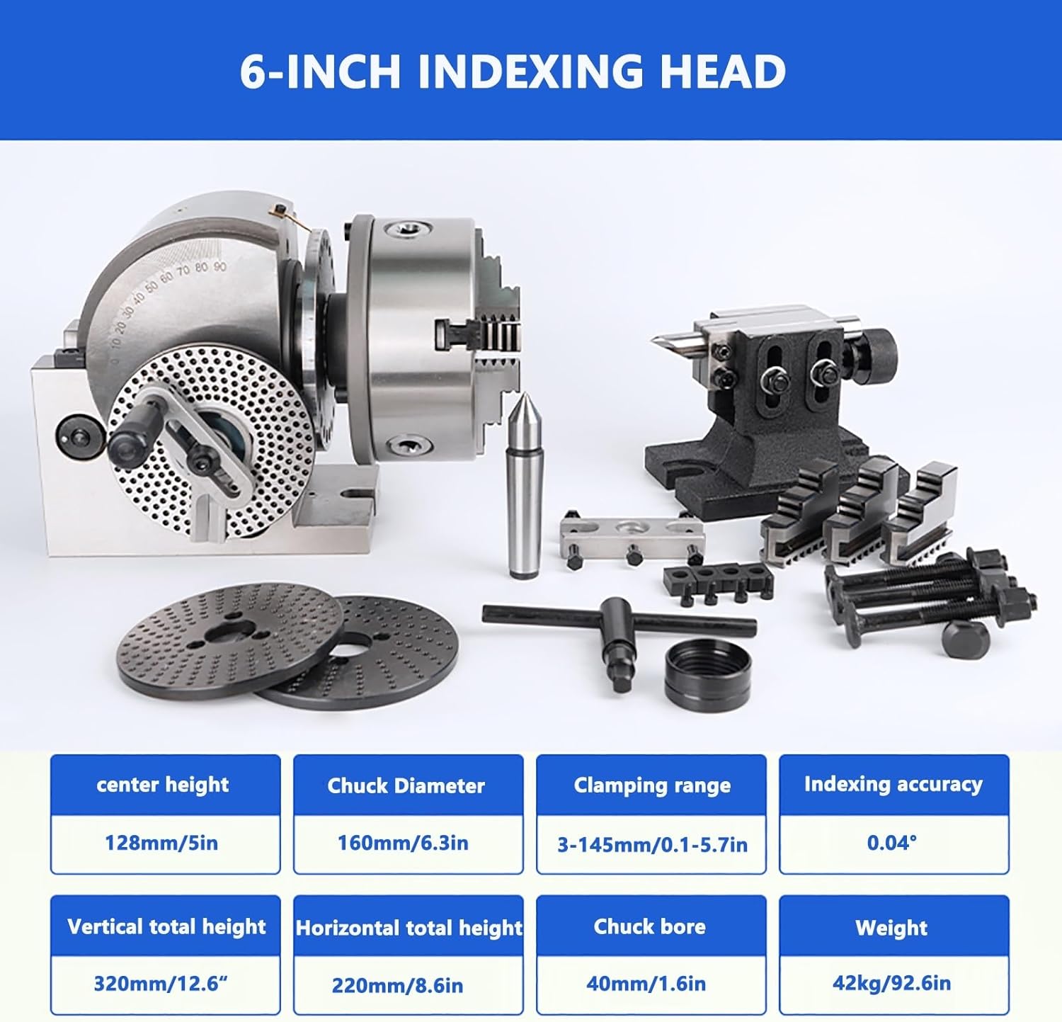 Precision Dividing Head Set for Milling Machine - 4/5/6/8 Inch, 3 Jaw Chuck, 0-90° Rotary Table Tailstock, 1:90 Reduction Ratio, Ideal for Metalworking & Machining