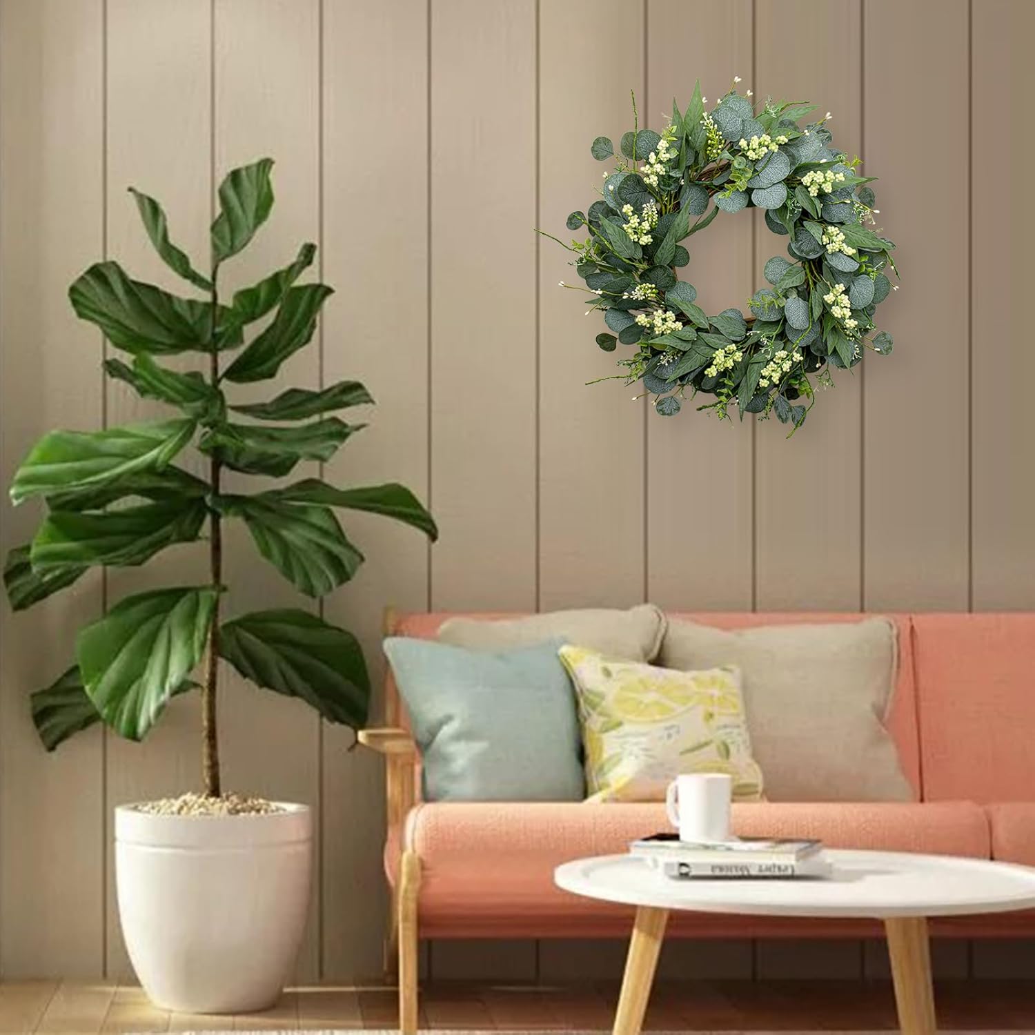 22 Inch Artificial Green Eucalyptus Wreath All Season Wreaths for Front Door with White Berries Spring Summer Fall Winter Decor for Porch, Wall, Farmhouse - Image 2