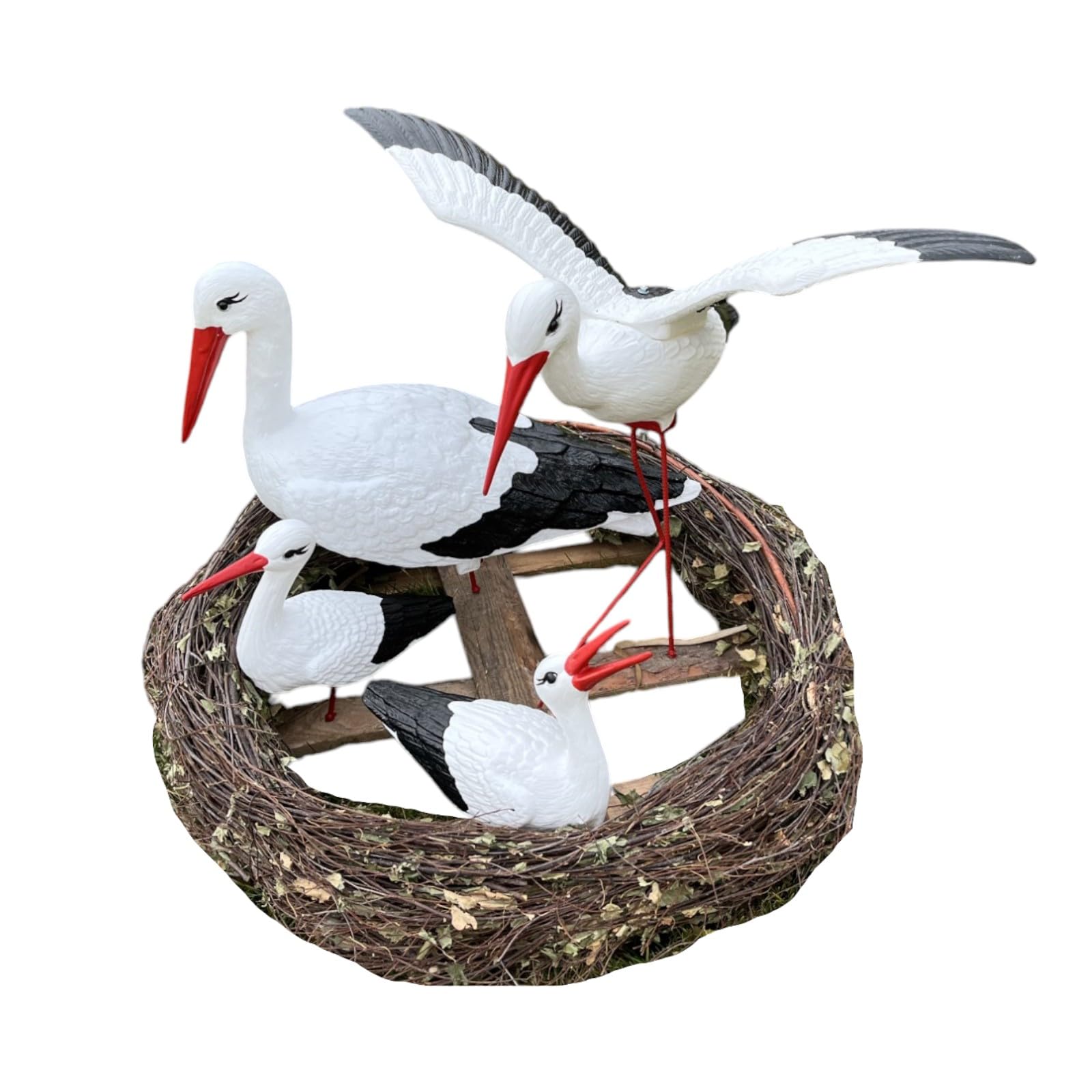 Nido de Cigüeña Familia 4 Cigüeñas de las cuales 1 en vuelo H: 70 cm - Decoración al aire libre Escultura Figura