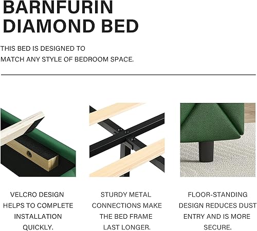 Miniatura 126 de BarnFurin - Base de cama matrimonial con cabecera capitoné, plataforma tapizada con diseño de diamante, base de colchón, soporte de listones de