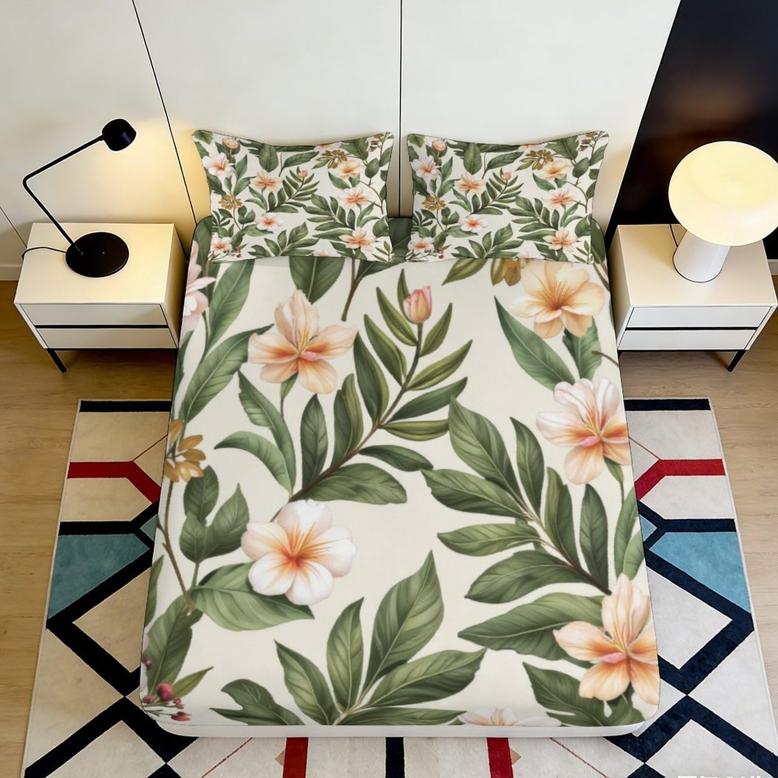 3D Printed Tropical Floral Fitted Sheet Microfiber Soft Breathable Botanical Mattress Cover for Bedroom Dormitory Guest Room Protection Decor 120x200x25cm