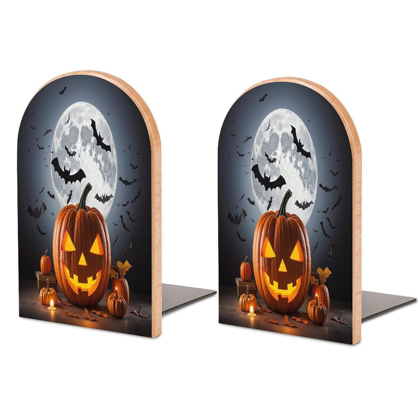 Halloween Moon Bat Pumpkin Bookend Non-Skid Wooden Bookends for Shelves Heavy Duty Wood Book Ends Decorative Book Stopper Book Stand Non-Slip Book Organizer for Home Office Library
