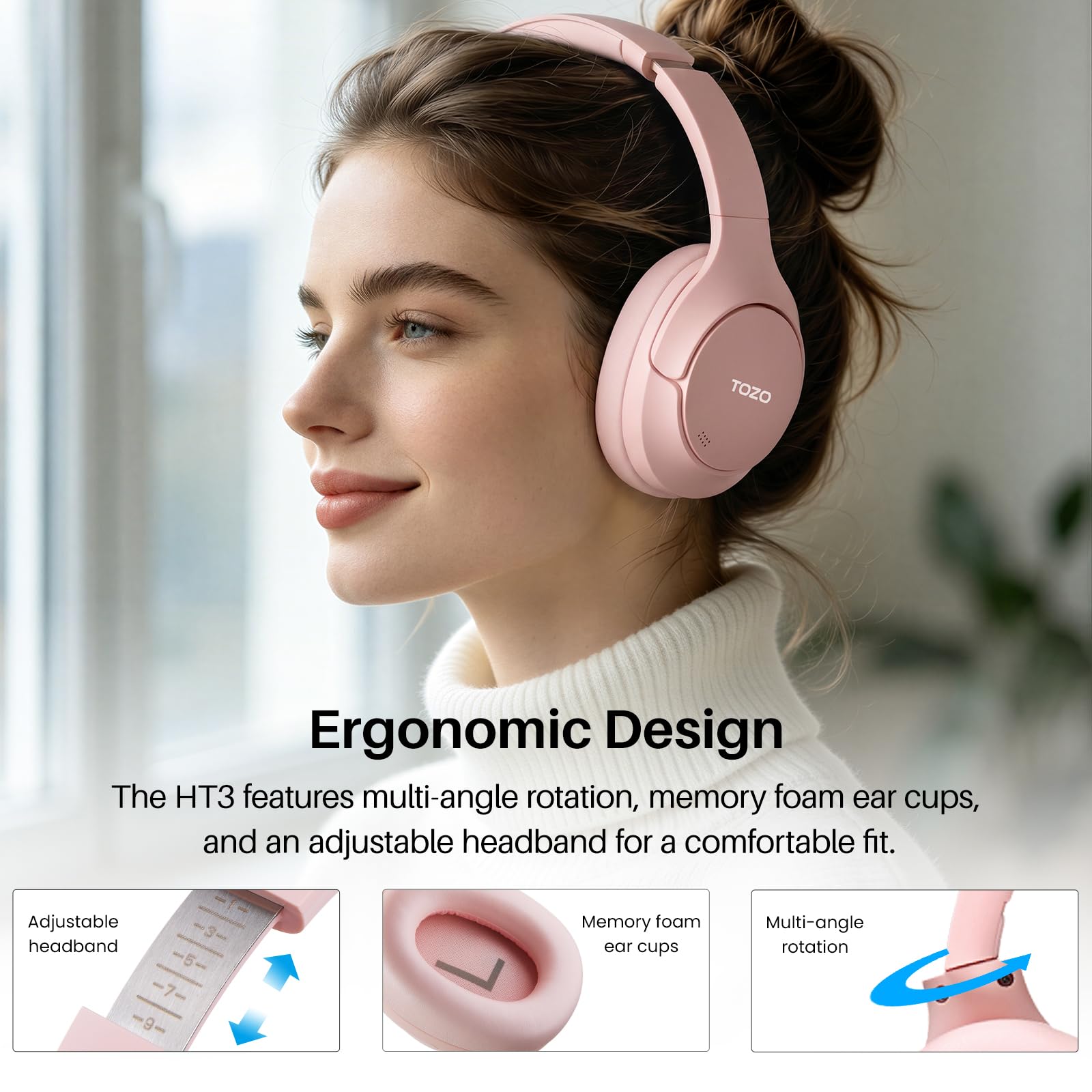TOZO HT3 Hybrid Noise Cancelling Wireless Headphones, 90H Over Ear Headset view 9
