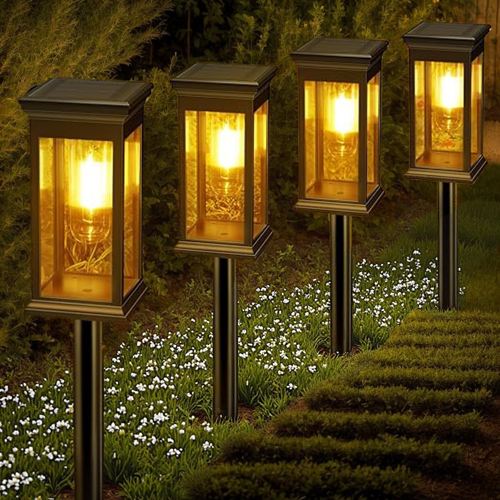 Hqynss Solar Garden Lights Outdoor, 4 Pack Upgraded Tungsten Glow LED Pathway Lights, IP65 Waterproof, Auto On/Off