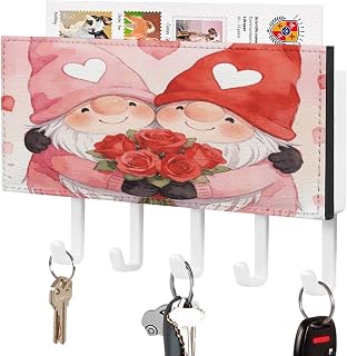 Valentines Gnomes PU Leather Key Holder Wall Mount | Self-Adhesive Key Rack with 5 Hooks, Space Saving Fashion Key Hanger Decorative Key Organizer for Entryway Door Hallway Home
