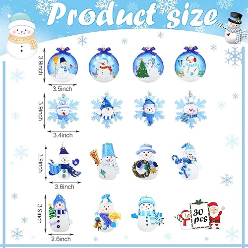 Miniatura 2 de Amyhill 30 adornos de muñeco de nieve azul de Navidad, adornos de madera para árbol de Navidad, mini muñeco de nieve y copo de nieve, árbol de