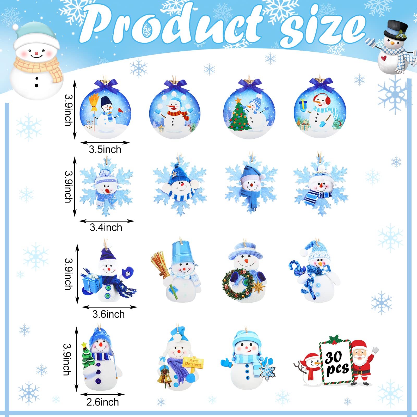 Amyhill 30 adornos de muñeco de nieve azul de Navidad, adornos de madera para árbol de Navidad, mini muñeco de nieve y copo de nieve, colgante colgante para invierno, Año Nuevo, casa, festival