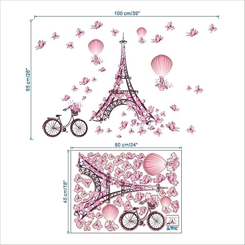 Miniatura 5 de Vinilo adhesivo decorativo decorativo para pared con diseño de mariposa rosa romántica de París, Torre Eiffel, flor y flor de aire caliente, para