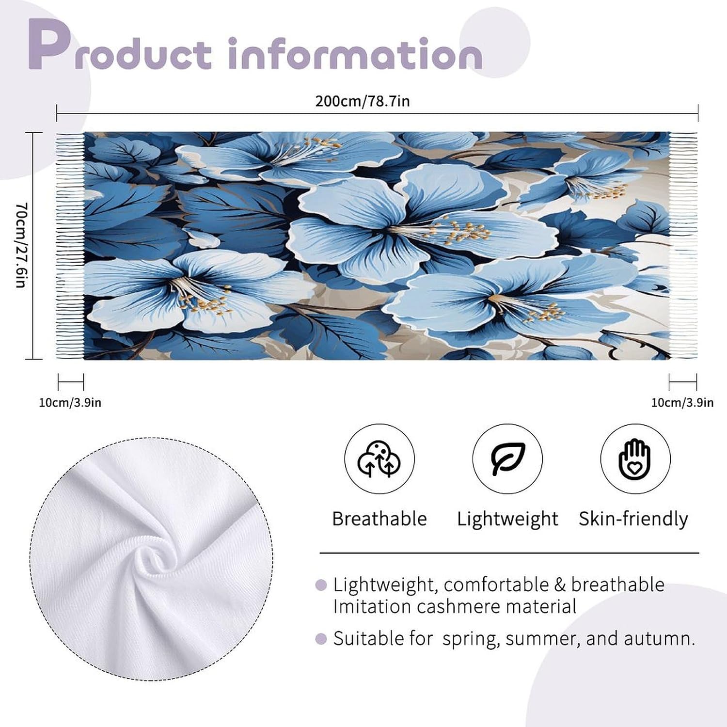 Blue Hibiscus Flower Scarf for Women Men Classic Fashion Blanket Scarves Soft Cashmere Feel Scarf Cold Weather Warm Long Shawl Winter Large Scarves Classic Blanket Scarfs Thick
