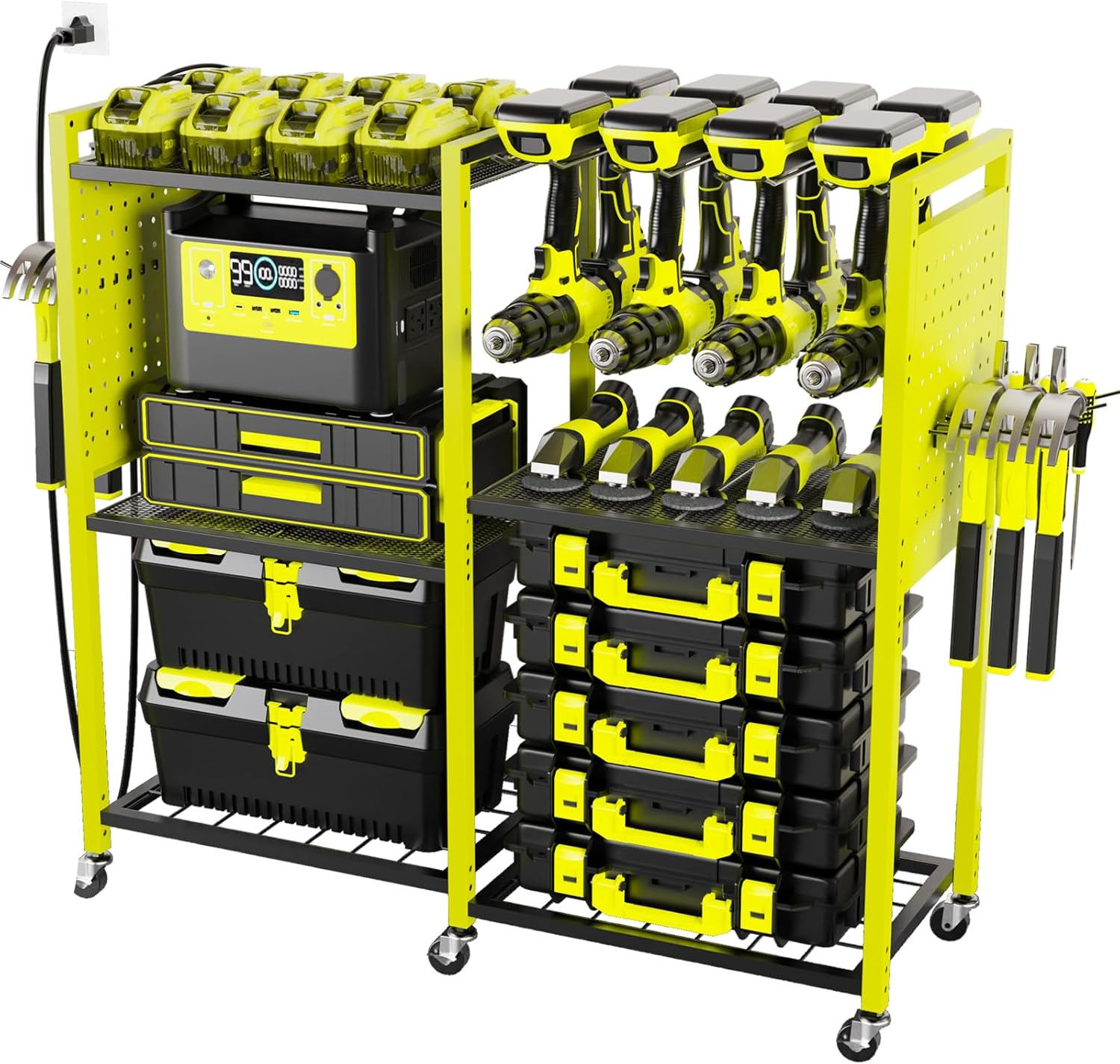 Heavy-Duty Power Tools Organizer Cart with Charging Power Strip, 6-Tier Rolling Utility Cart with 8 Hooks and 6 Load-Bearing Wheels, Garage Tool Storage Rack for Workshop for Men