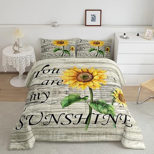 Erosebridal Juego de ropa de cama con estampado de girasol, letras retro y flores amarillas, decoración de dormitorio, edredón de plumón de abeja