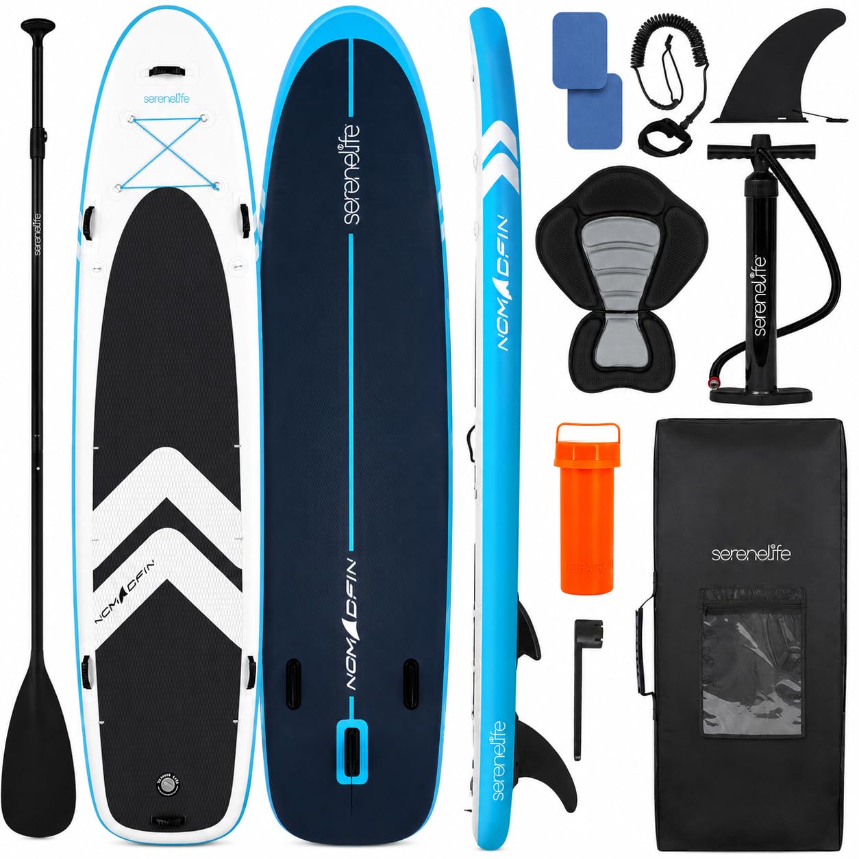 SereneLife Tabla de Paddle Surf Inflable XL, 371 cm, con Almohadilla EVA Antideslizante, Estable, 86 cm de Ancho, Accesorios Premium, Capacidad de 200 kg para 2 Adultos y 1 Niño