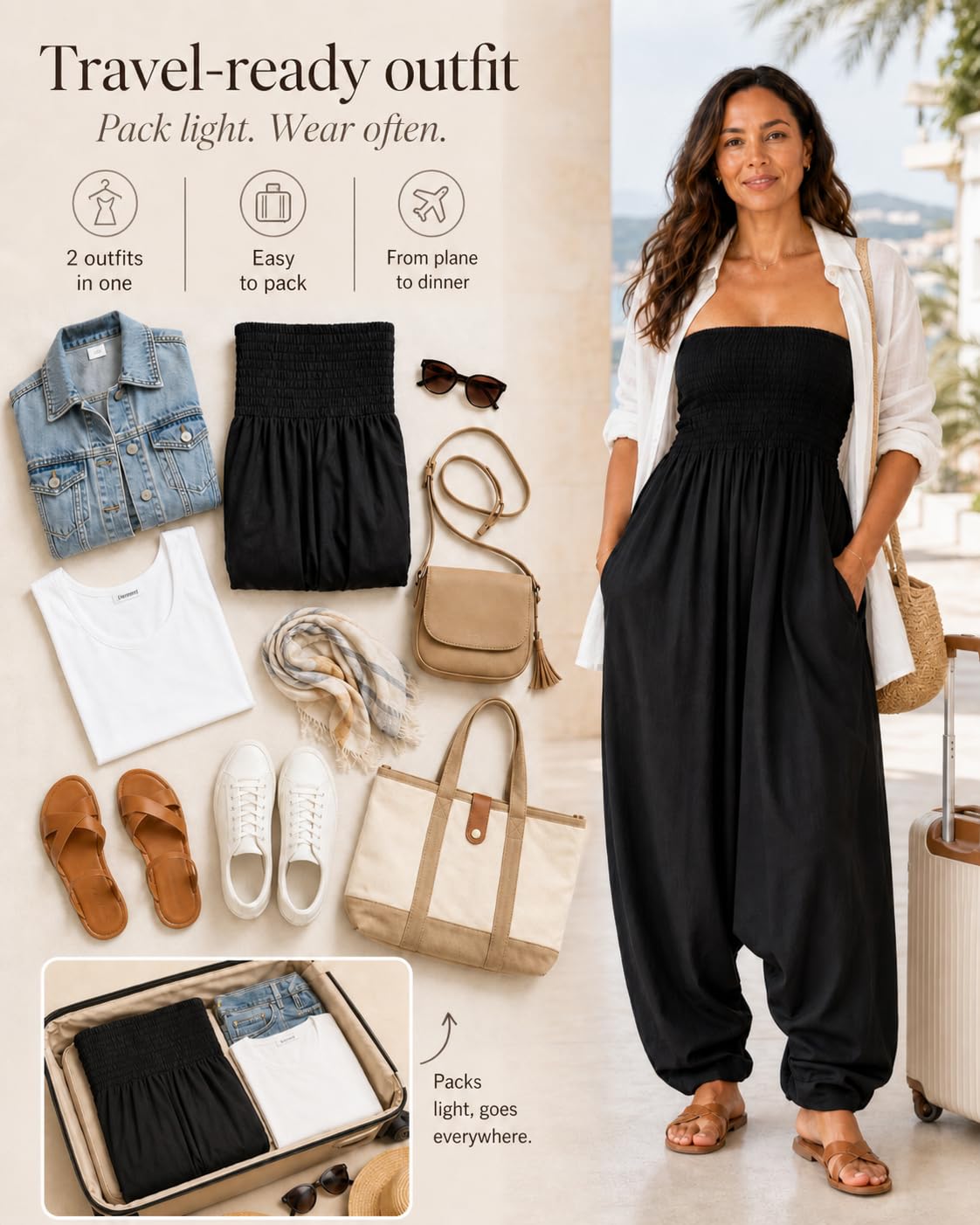 likemary Jumpsuit Damen Sommer – 2-in-1 Baumwoll Einteiler & Haremshose mit Taschen – Luftige Boho Pumphose, Schlupfhose für Urlaub & Alltag
