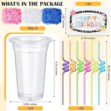 Qinyoung 24 Set Creative Happy Birthday Gifts from Teacher Students Birthday Cups with Lids Straws Composition Stickers and Raffia Disposable Plastic Cups for Reward Kid Prize Classroom Party Supplies