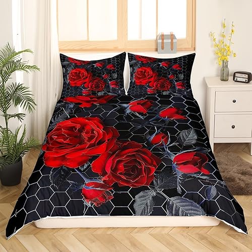 Miniatura 2 de Feelyou Juego de ropa de cama de rosas rojas de lujo, funda de edredón floral para niños, adolescentes, niñas, mujeres, románticas, flores,