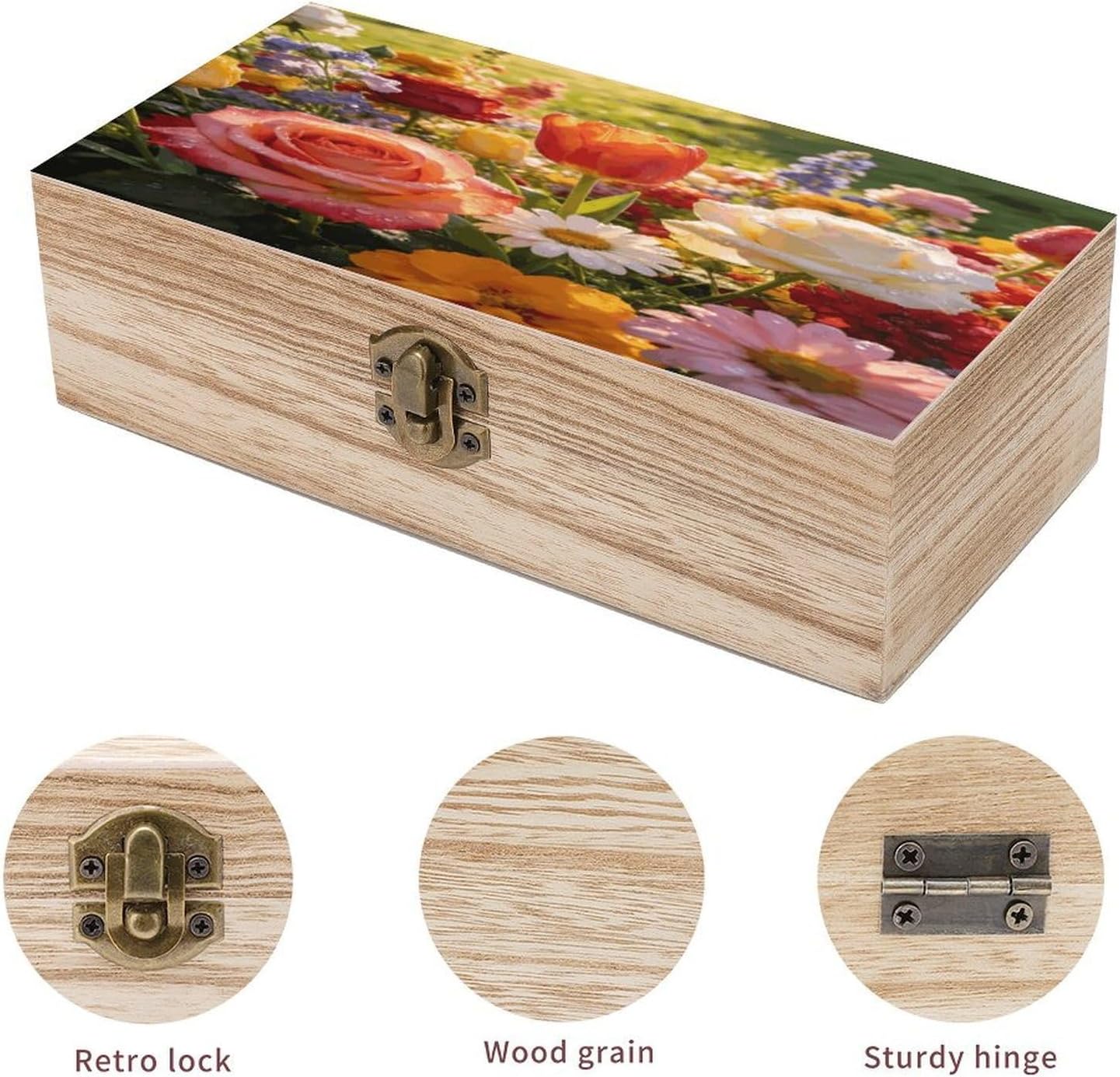 Colorful Flowers Locked Wooden Keepsake Box with Hinged Lid for Crafts And Photo Storage,Keepsake Box Jewellery Organiser Unique Gift Ideas for Men & Women image 3