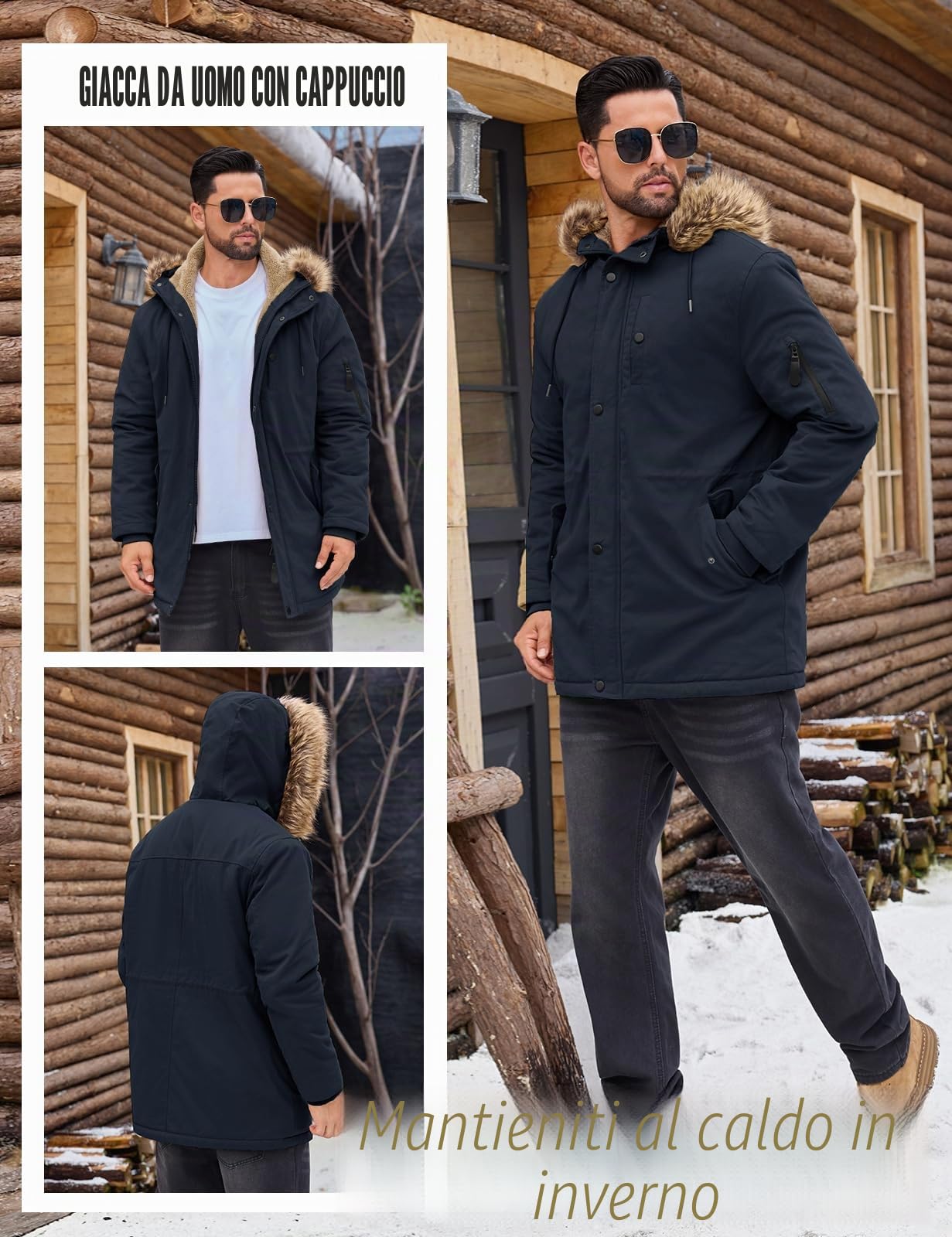 Xnova Giacca Invernale Uomo con Cappuccio Giubbotto Parka in Pile Caldo Medio Lungo, Cappotto Termico Militare Giubbino Antivento in Cotone con Tasche per Outdoor Sci Trekking