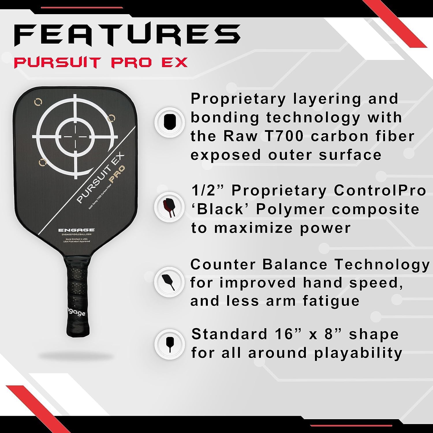 Engage Pursuit Pro EX Pickleball Paddle – Widebody Shape, Raw Carbon Fiber Face, 13mm Control Pro “Black” Core, Vortex Barrier Edge Technology – Jessie Irvine Signature – Lightweight