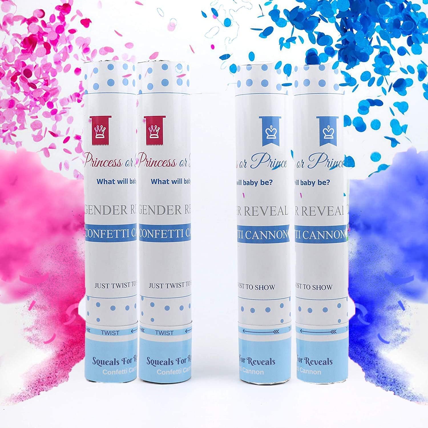 Gender Reveal Confetti and Color Powder Cannons, 4 Premium Extra Large 16 Inch Biodegradable Confetti Poppers with Colorful Powder, Vibrant Pink and Blue for Boy or Girl Baby Shower and Reveal Party