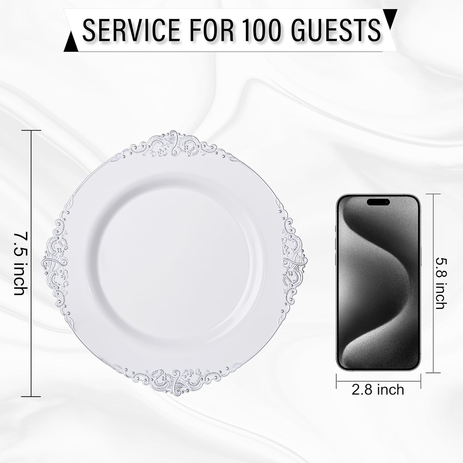 Nervure 100Pcs White and Silver Plastic Plates - 7.5 inch White Plastic Plates with Silver Rim - Disposable Dessert Plate for Wedding & Party - Image 3