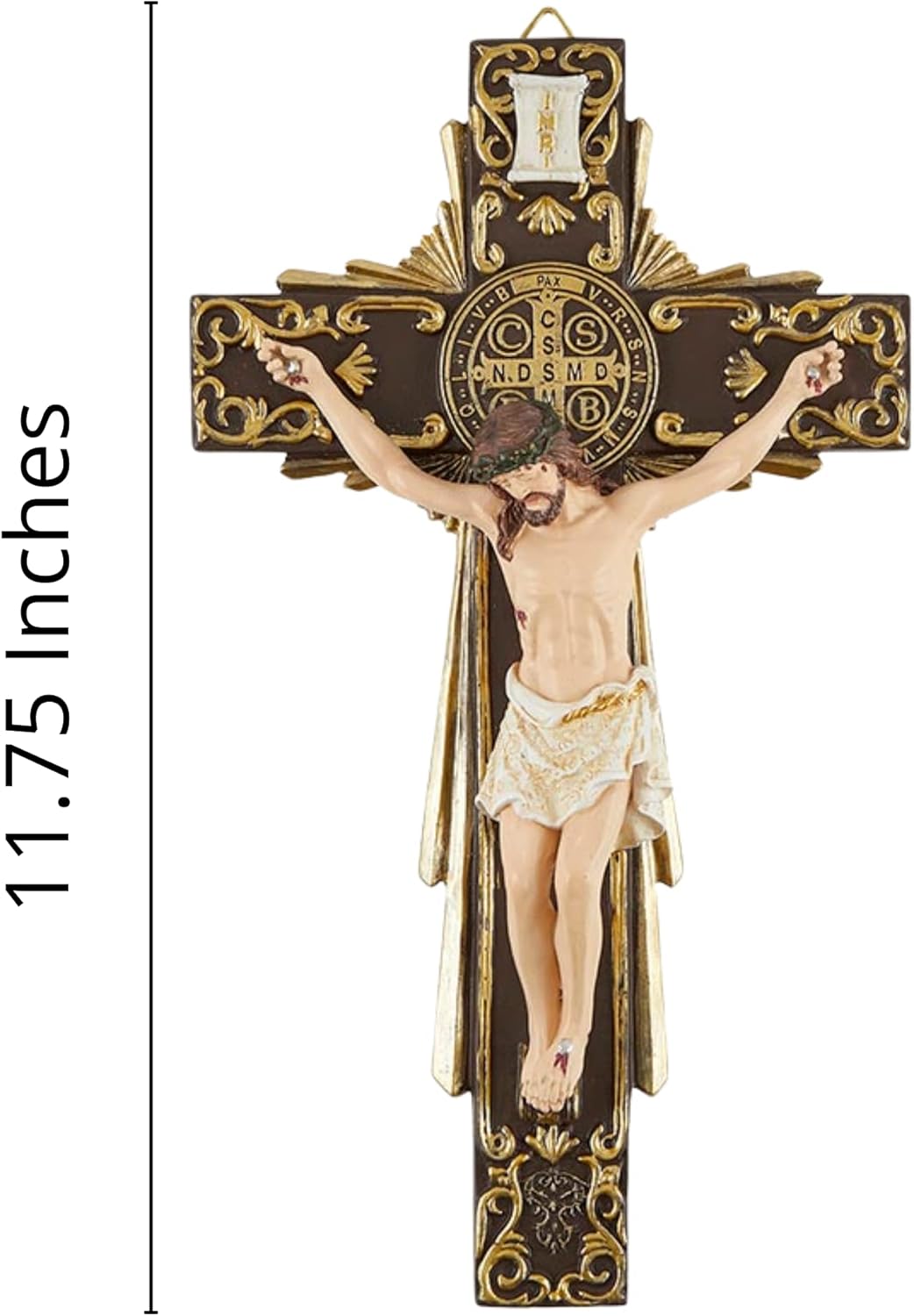 Needzo Handcrafted Highly Detailed Crucifix Wall Cross with St. Benedict of Nursia Medal, Catholic Hanging Home Decor for Indoor Decoration, Housewarming Gifts for Christian Men/Women, 11.75 Inches