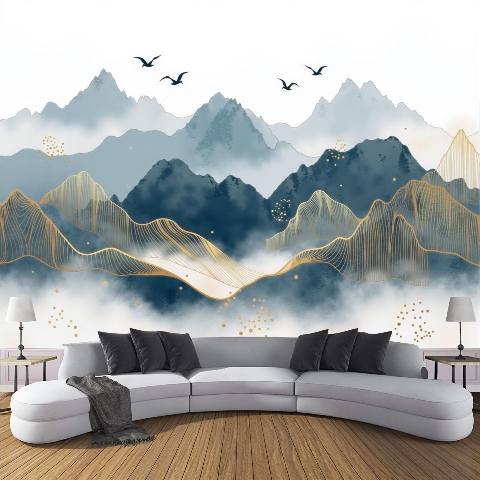 Paysage de montagne en papier peint 3D pour une chambre parentale apaisante