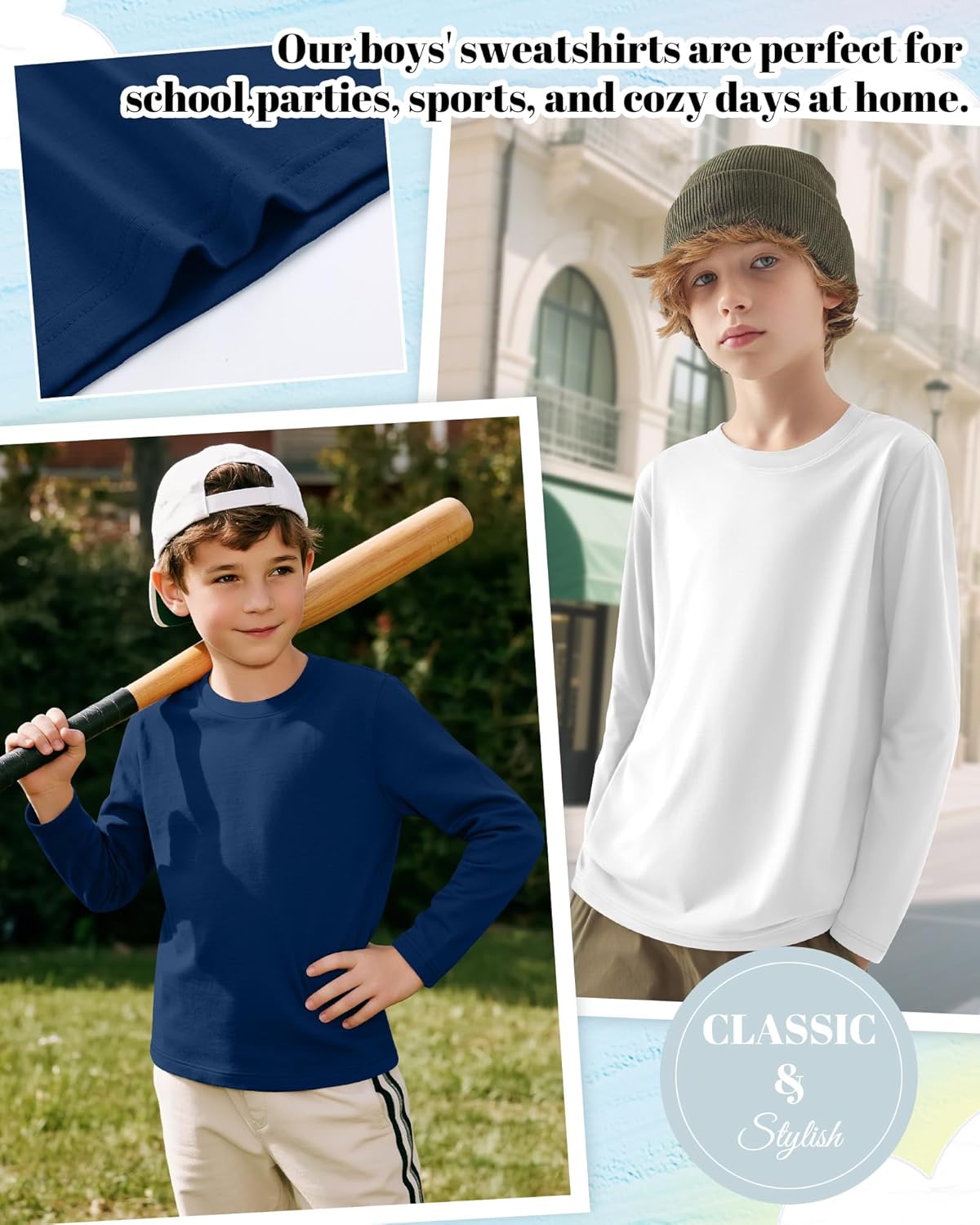 4 Pack Boy's Long Sleeve Shirts, Crew Neck Soft Tops Toddler Kids Basic Tees 3T-16 Years - Image 2