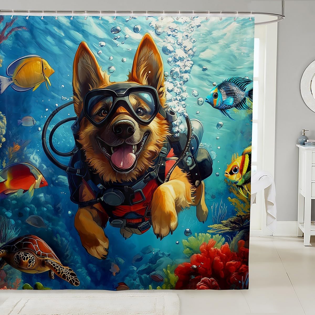 Manfei German Shepherd Dog Kids Shower Curtains,Diving Puppy Animal Pet Bathroom Curtains for Boys Girls,Sea Turtle Tropical Fish Marine Life Blue Waterproof Curtains,12 Hooks Suits,72" W x 78" L