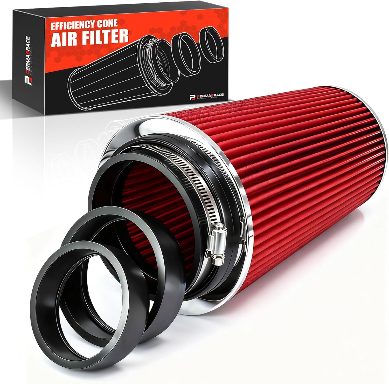 3/3.5/4 Inch Universal High Flow Cone Cold Air Intake Filter Red | 76/89/101mm Adapters Included, Washable Reusable Closed Top Clamp On Filter for Sedans Scooters Racing Vehicles