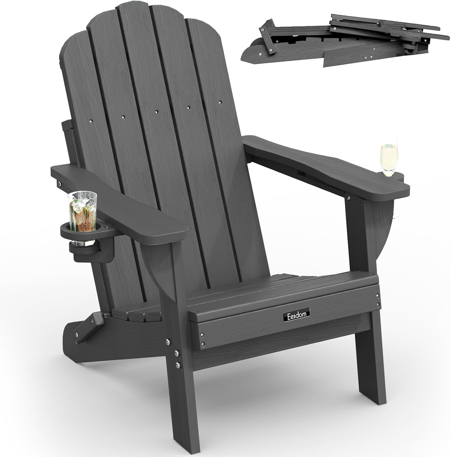Folding Adirondack Chair, All-Weather HDPE Plastic Patio Chair with 2 Cup Holders, Wooden Textured Lawn Chair, Perfect for Fire Pit,Grey