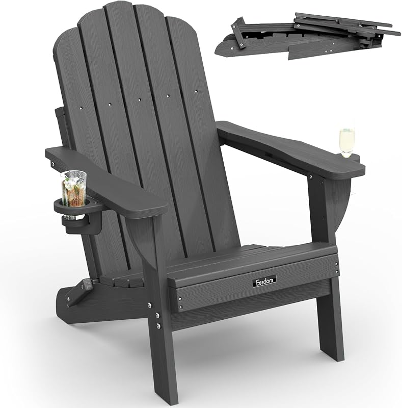 Eesdom Folding Adirondack Chair, All-Weather HDPE Plastic Patio Chair with 2 Cup Holders, Wooden Textured Lawn Chair, Perfect for Fire Pit,Grey