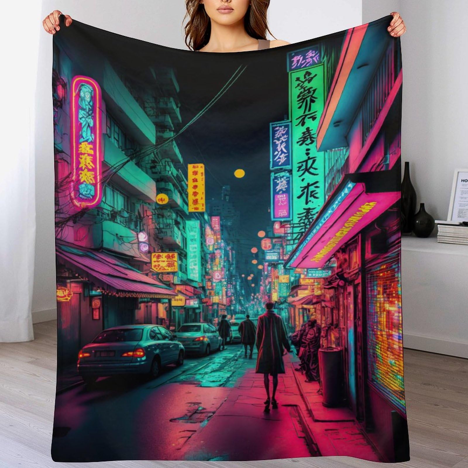 Couverture néon de Tokyo plaid polaire léger pour réchauffer vos soirées sur le canapé