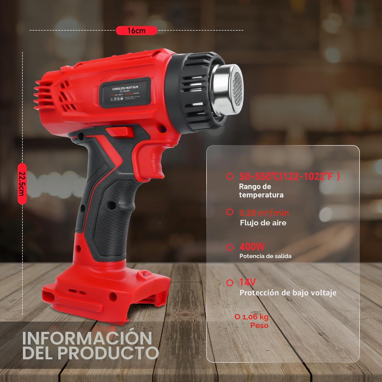 Pistola de aire caliente con pantalla inalámbrica para batería Milwaukee de 18 V de ion de litio, 400 W, 1022 ℉ (550 ℃), pistola de calor con protección contra sobrecarga, 4 boquillas para soldar,