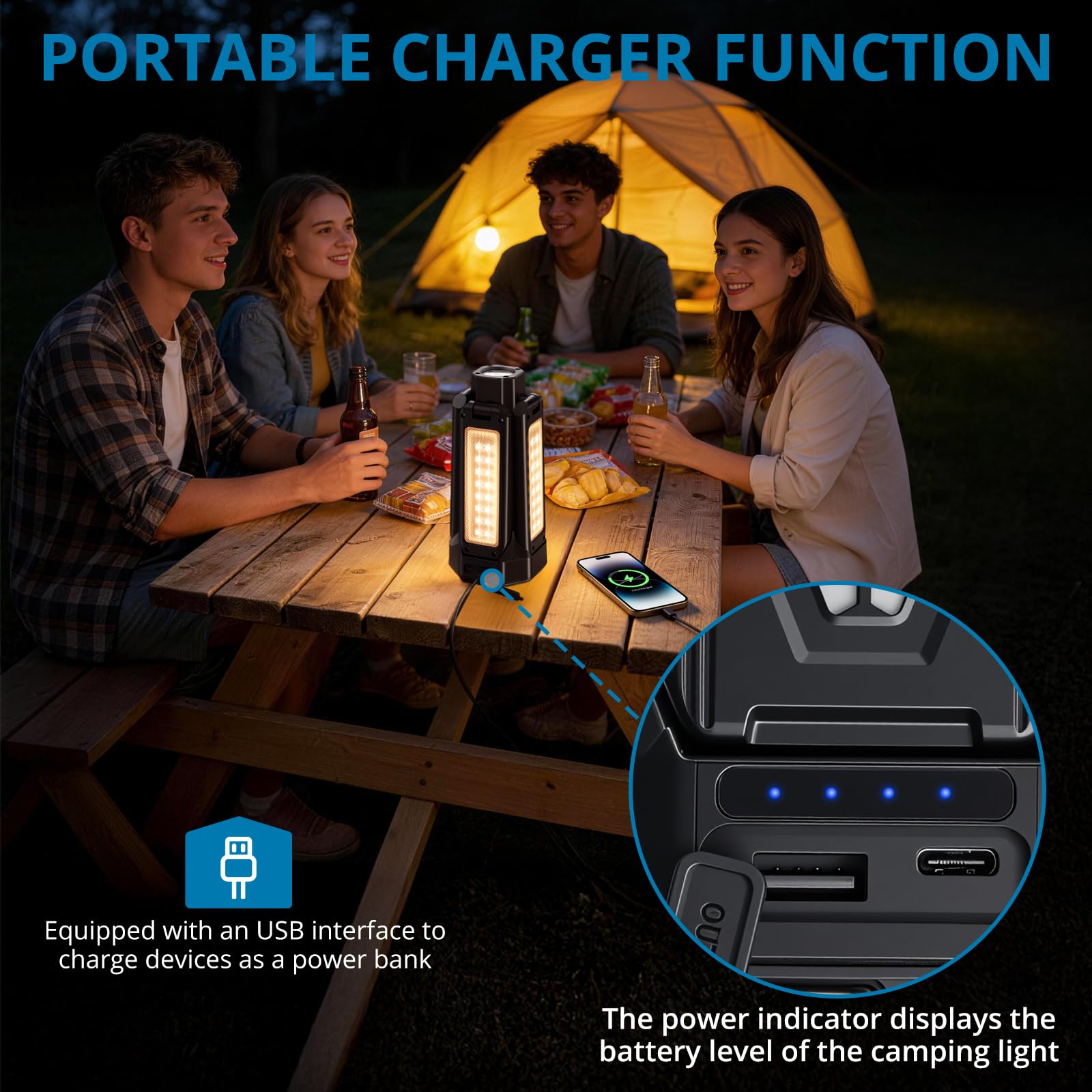 AUTOUTLET Lámpara de Trabajo LED Recargable 4000 Lúmenes con Trípode 1,55m, Batería 16000mAh Power Bank, 4 Paneles Ajustables 270°,IP66 Impermeable para Camping Taller Garaje Exterior