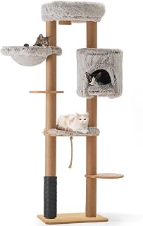 FUKUMARU 72 Inch Large Cat Tower Wall Mounted, Solid Rubber Wood Wall Shelves, Apartment with Scratch Resistant Fabric, Multilayer Grey Tree for Indoor Cats