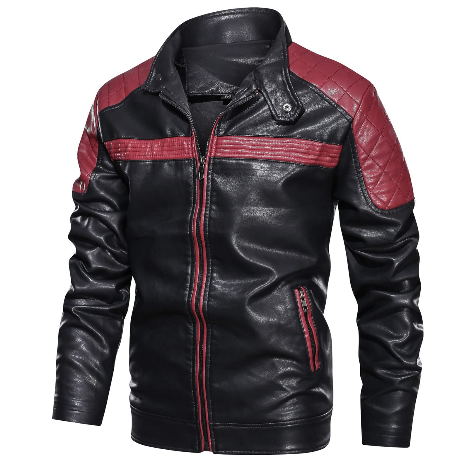 Maiyifu-GJ Motorcycle Jacket for Men Faux Leather Zip Up Windproof Moto Coat Stand Collar Vintage Bomber Windbreaker (Red,X-Large)
